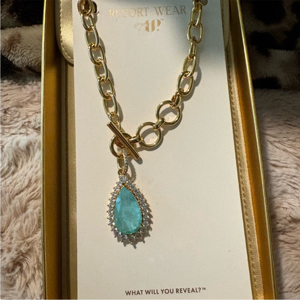 Resort Wear Gold Necklace with Turquoise Pendant
